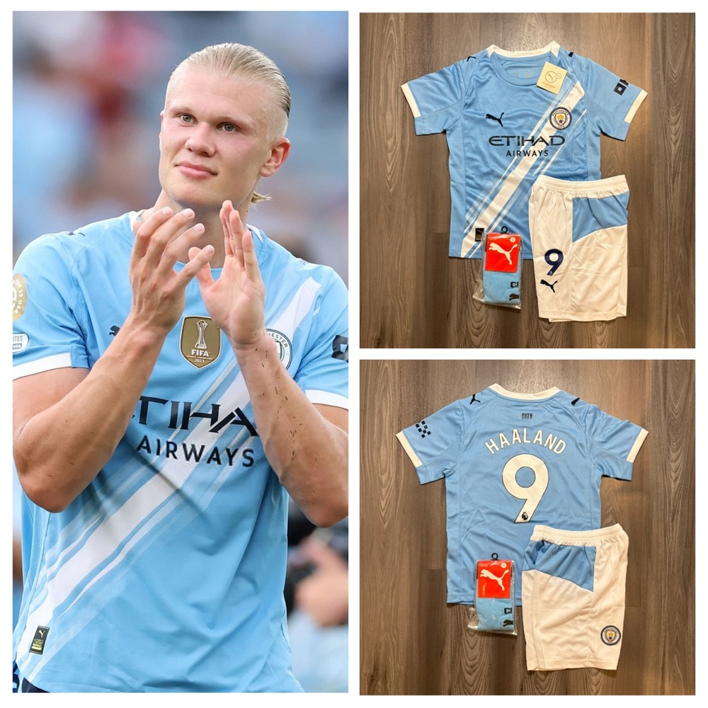 Erling Haaland Manchester City 2025–26 Home Kids Soccer Jersey Kit
